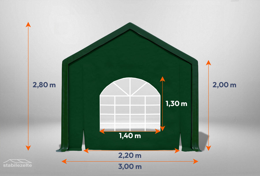Grünes Giebelteil mit Fenster und Tür 3m für Partyzelte der Modular Serie mitsamt Bemaßung