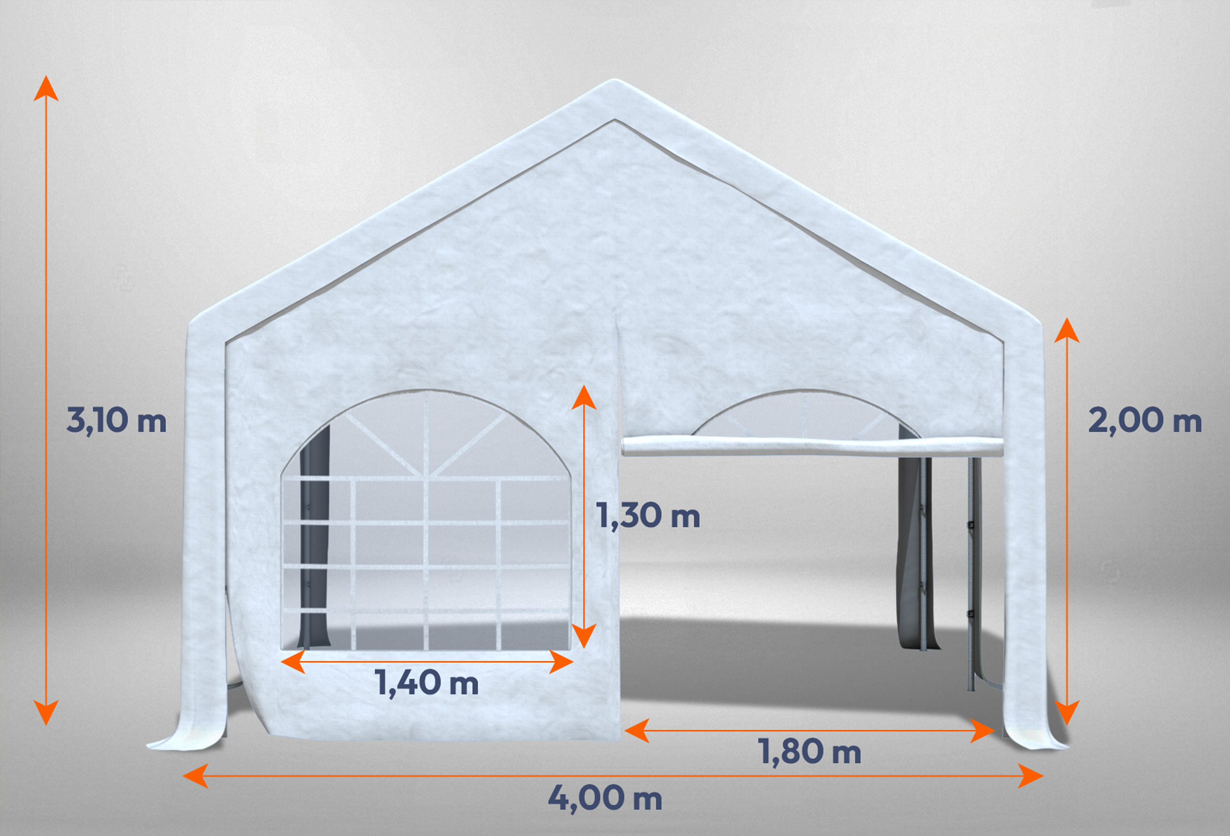 Weißes Giebelteil mit Fenster und Tür 4m für Partyzelte der Modular Serie mitsamt Bemaßung