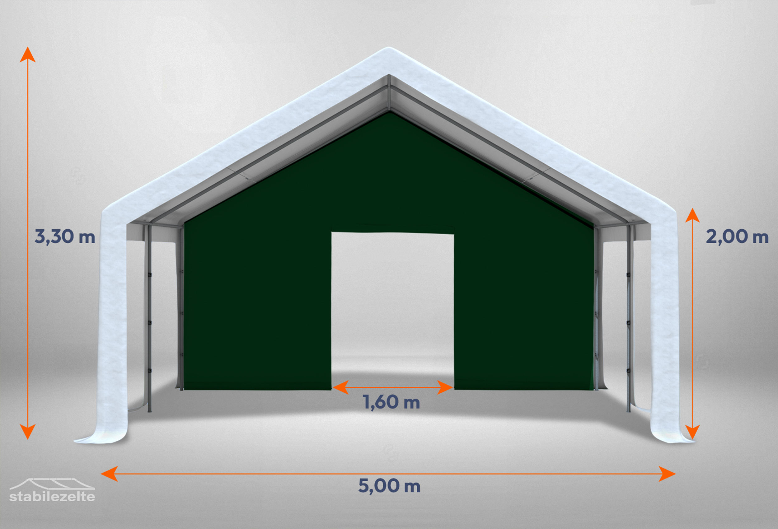 Grünes Giebelteil mit kleiner Tür 5m für Partyzelte der Modular Serie mitsamt Bemaßung