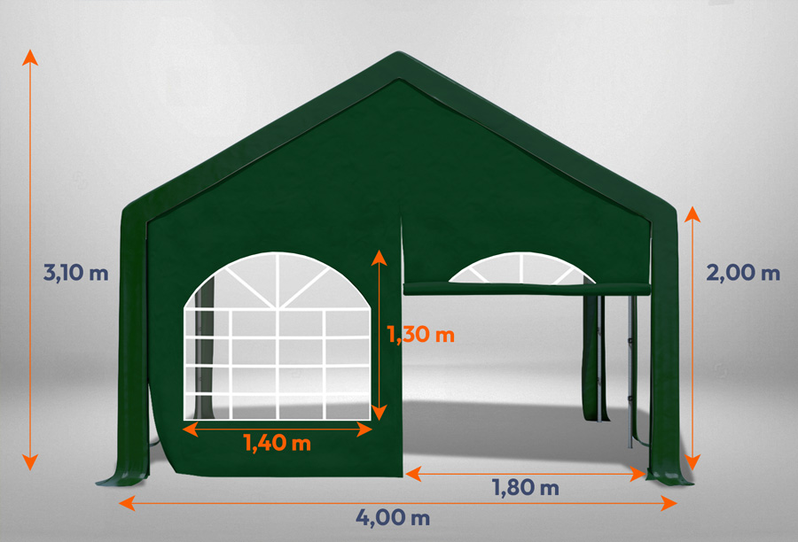 Grünes Giebelteil mit Fenster und Tür 4m für Partyzelte der Modular Serie mitsamt Bemaßung