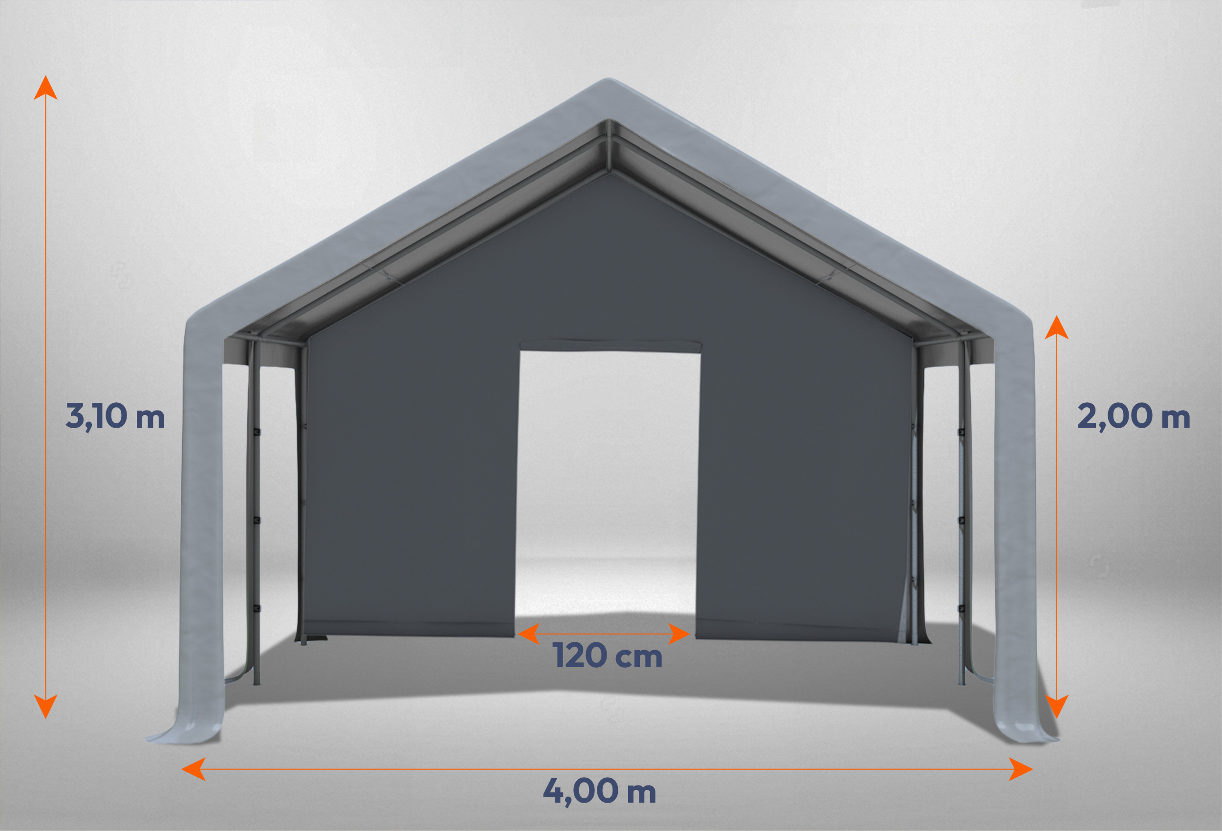 Graues Giebelteil mit kleiner Tür 4m für Partyzelte der Modular Serie mitsamt Bemaßung