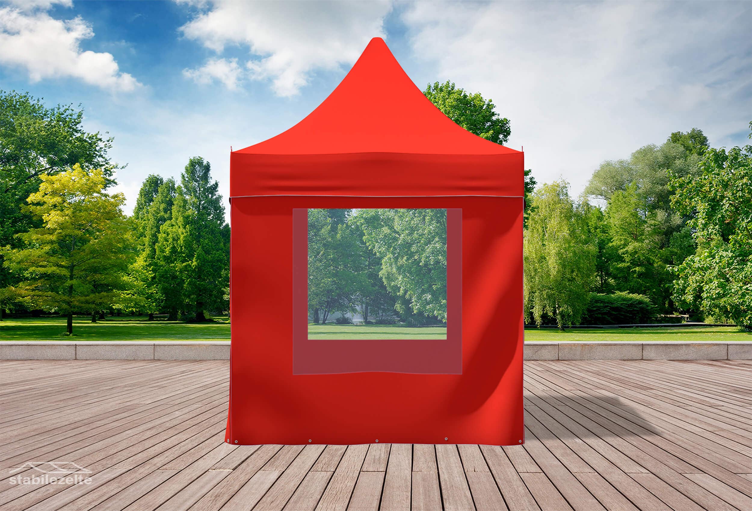 Roter Faltpavillon mit Fenster 3 x 2m in einem Park