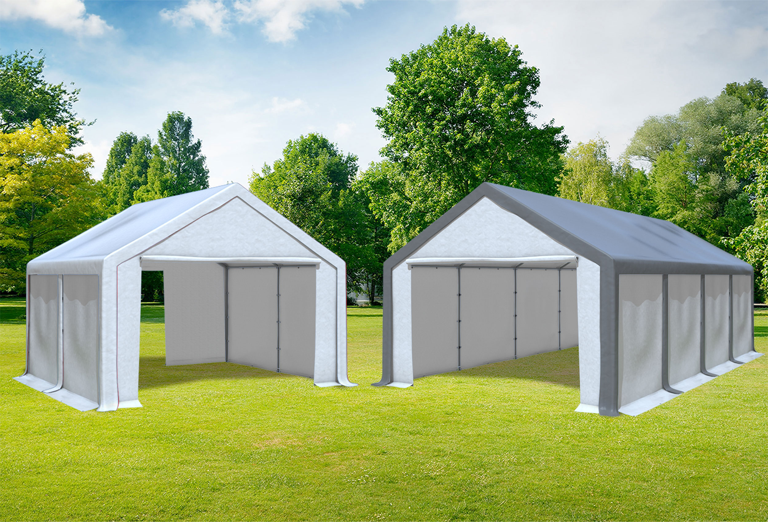 4x8 m 2in1 Kombizelt mit extra 4x4 m Dach, PVC grau weiß