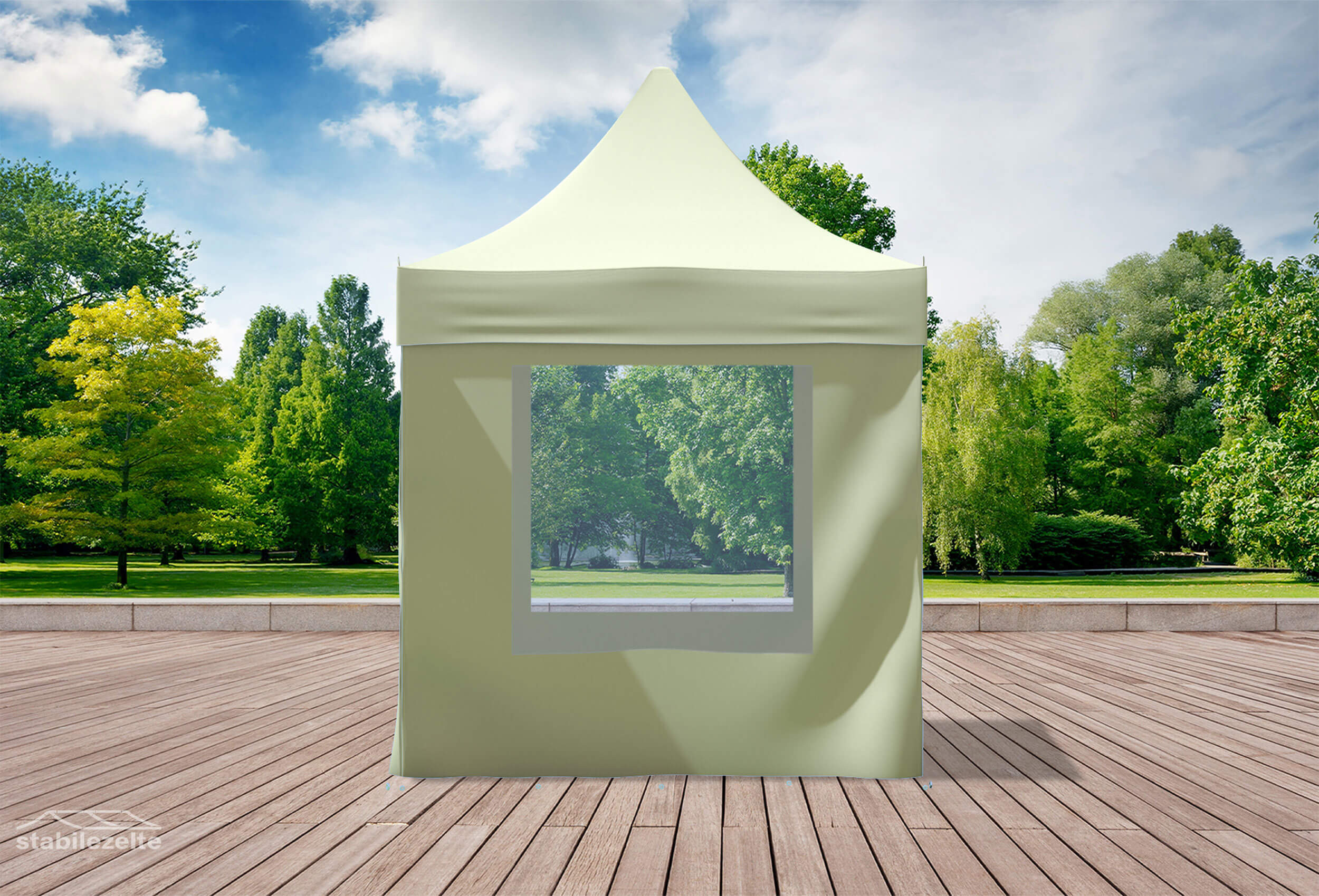 Beiger Faltpavillon mit Fenstern 2 x 2m in einem Park