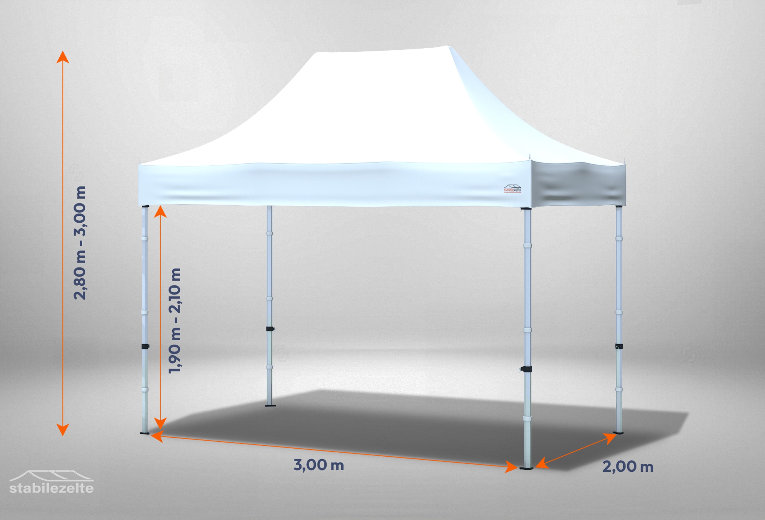 Weißer Faltpavillon ohne Seitenteile 3 x 2m mit Bemaßung