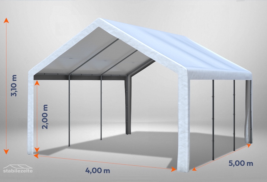 Weißes Partyzelt der Serie Classic 4m x 5m ohne Seitenteile mit Bemaßung