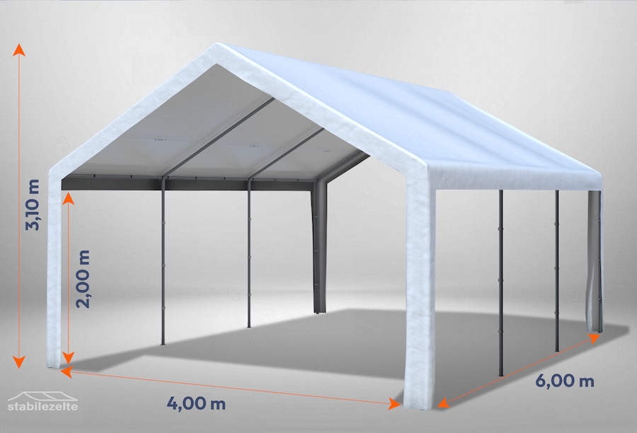 Weißes Partyzelt der Serie Classic 4m x 6m ohne Seitenteile mit Bemaßung