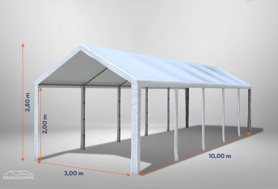 Weißes Partyzelt der Modular Serie ohne Seitenteile 3 x 10m