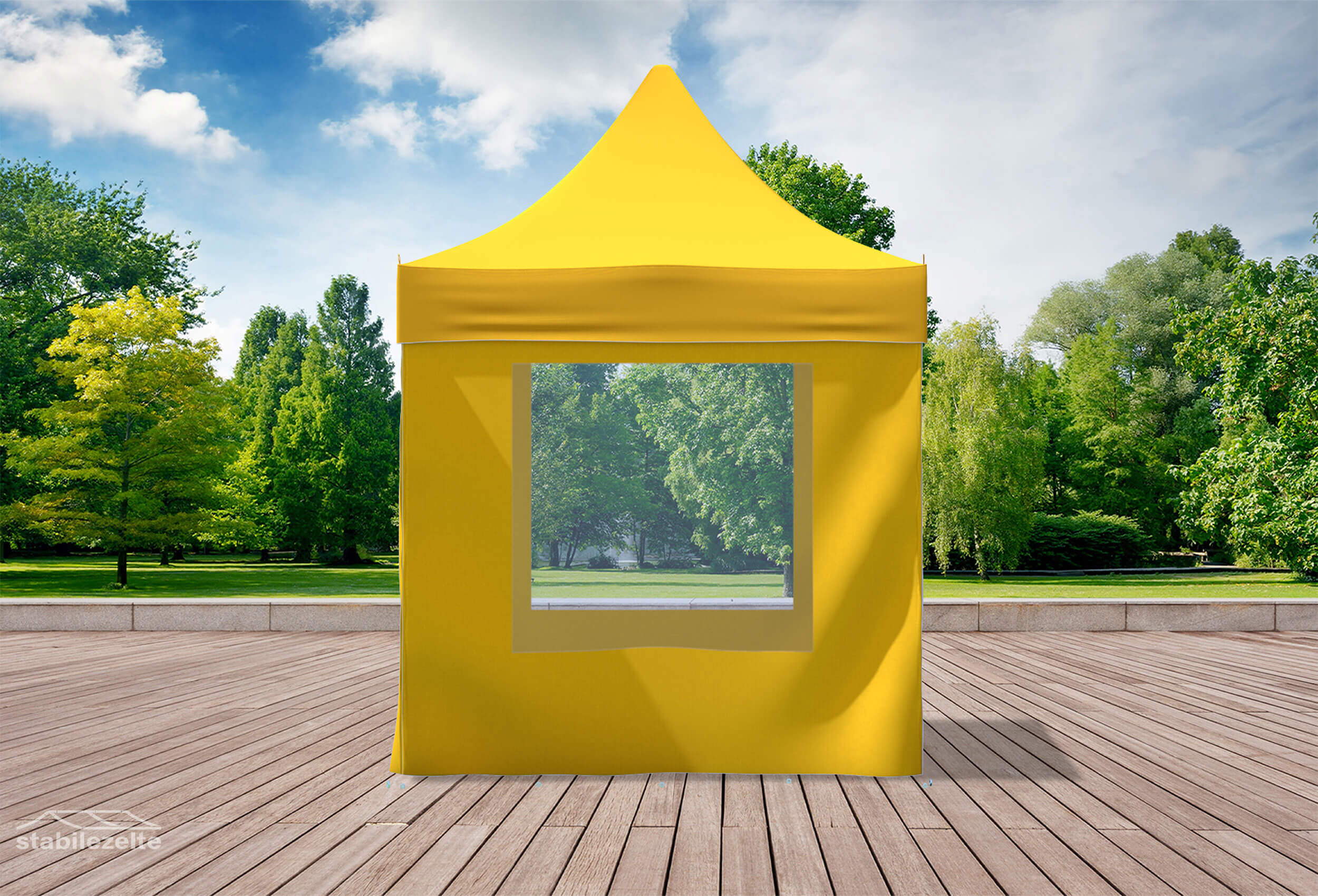 Gelber Faltpavillon mit Fenstern 2 x 2m in einem Park