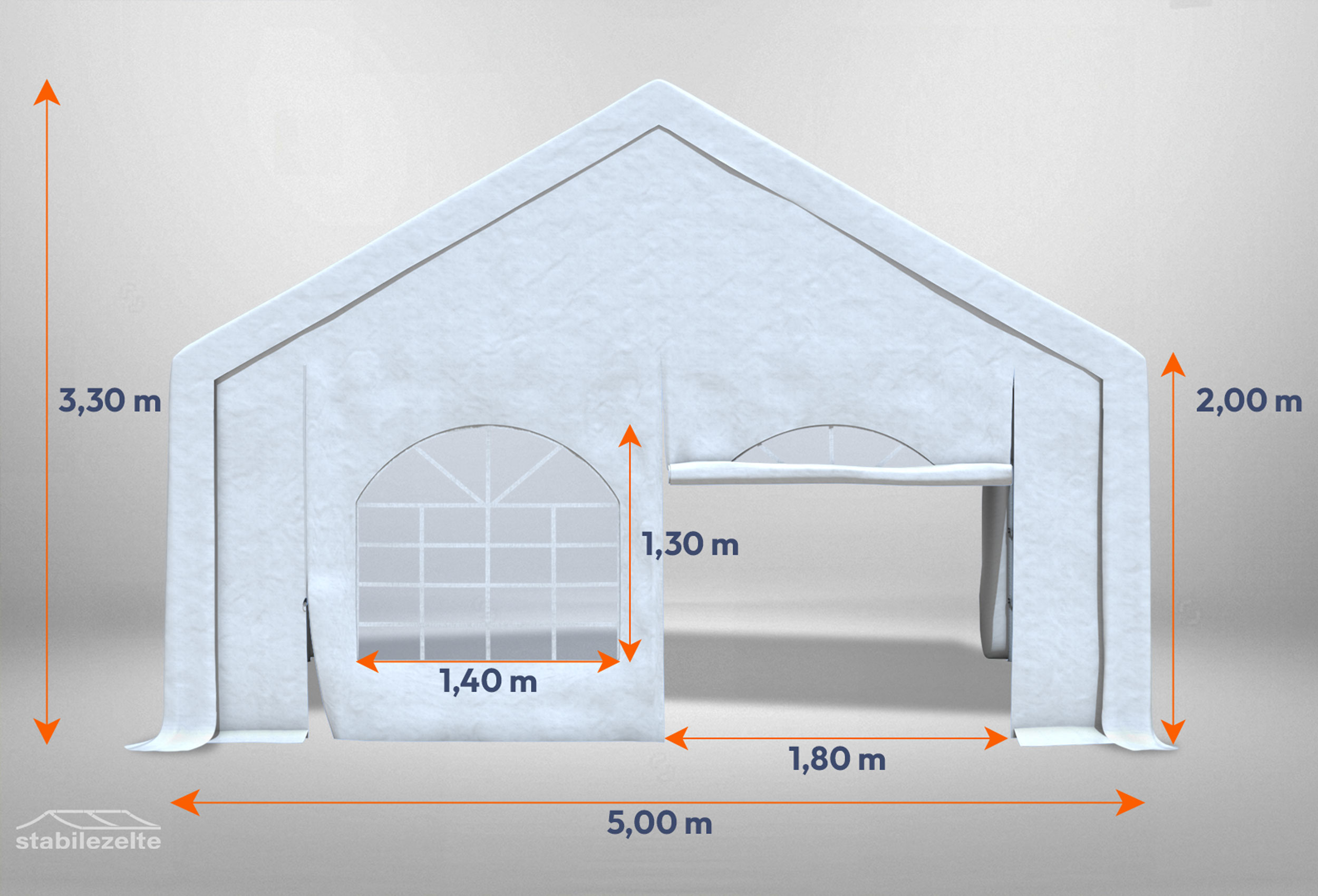 Weißes Giebelteil mit Fenster und Tür 5m für Partyzelte der Modular Serie mitsamt Bemaßung