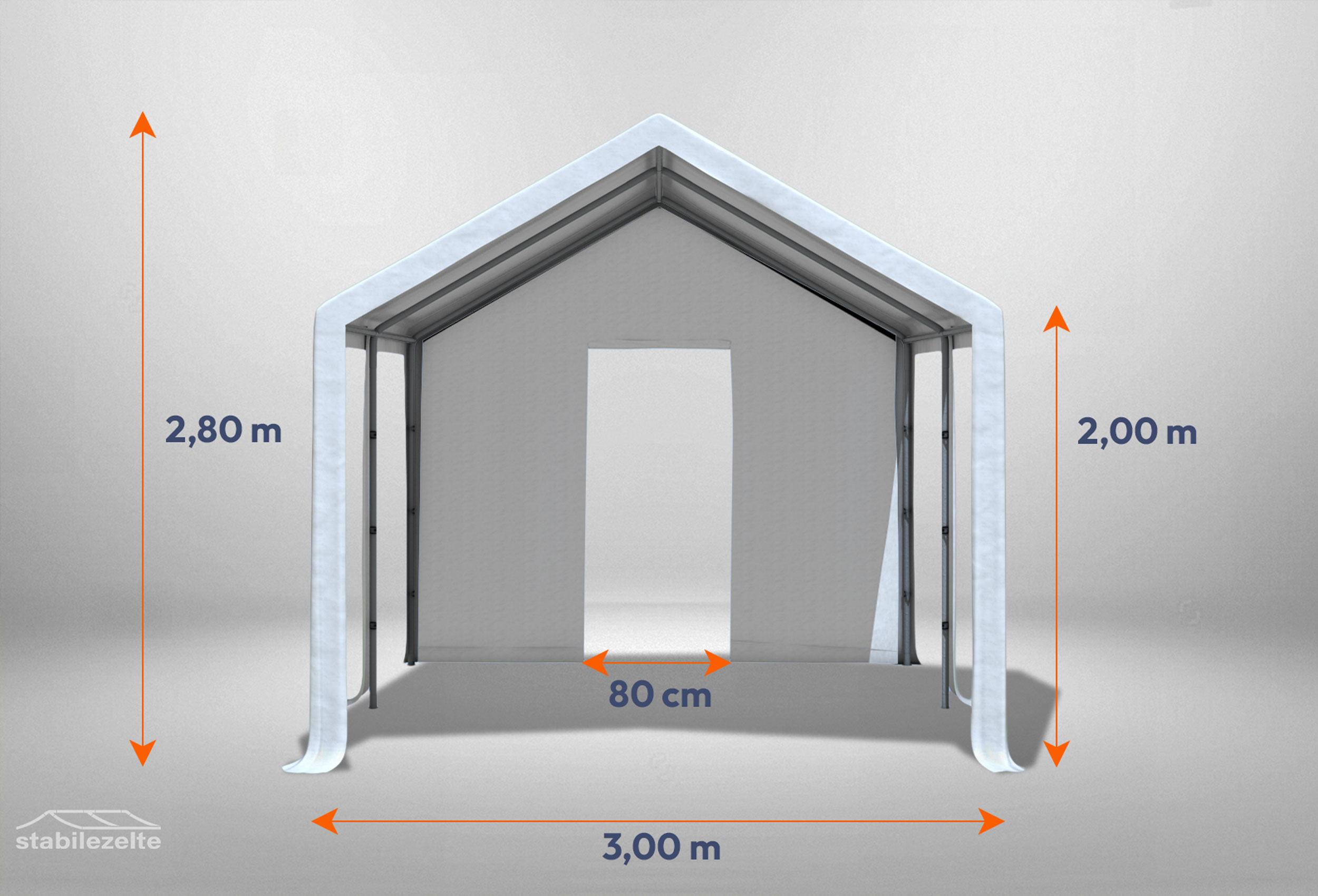 Weißes Giebelteil mit kleiner Tür 3m für Partyzelte der Modular Serie mitsamt Bemaßung