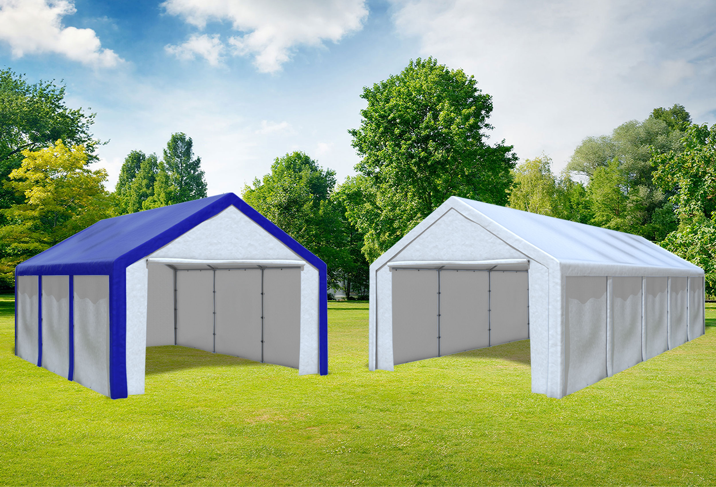 4x10 m 2in1 Kombizelt mit extra 4x6 m Dach, PE weiß blau