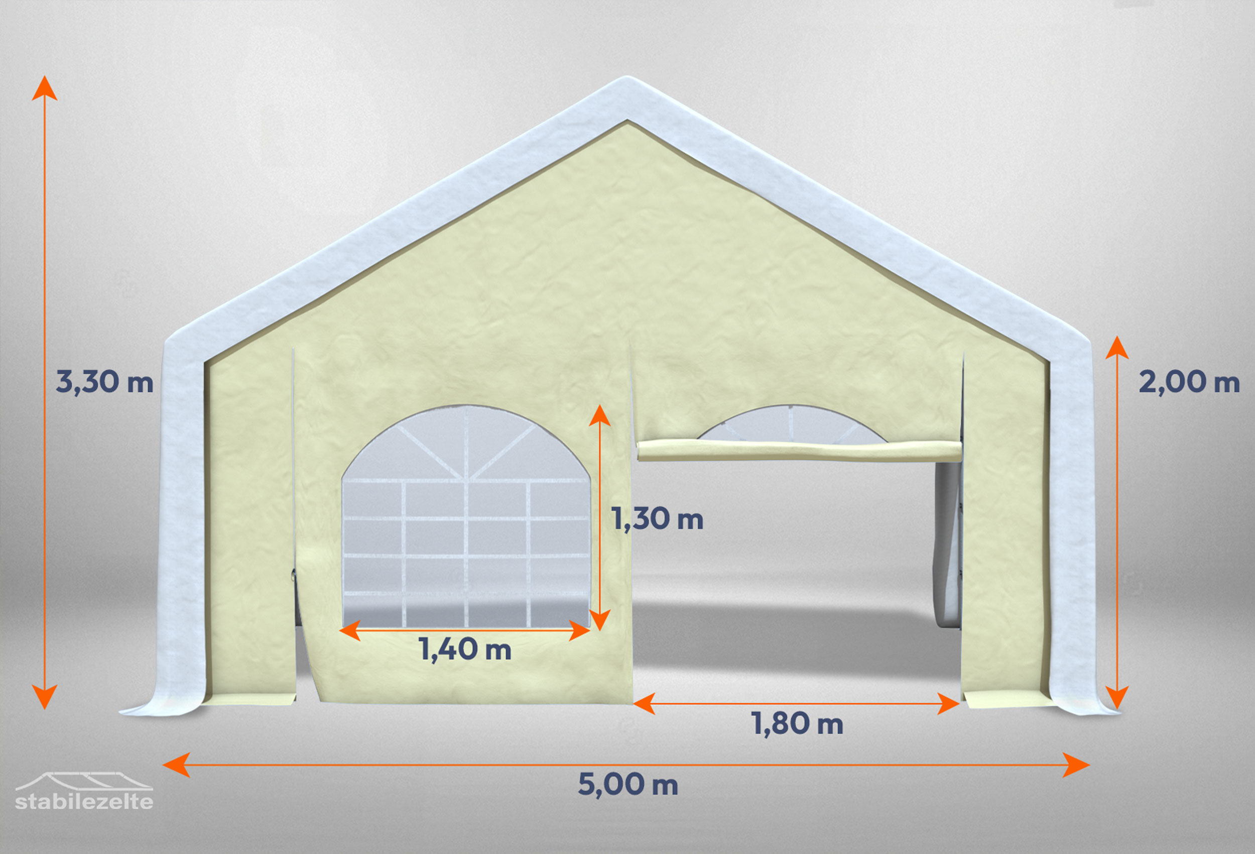 Beiges Giebelteil mit Fenster und Tür 5m für Partyzelte der Modular Serie mitsamt Bemaßung