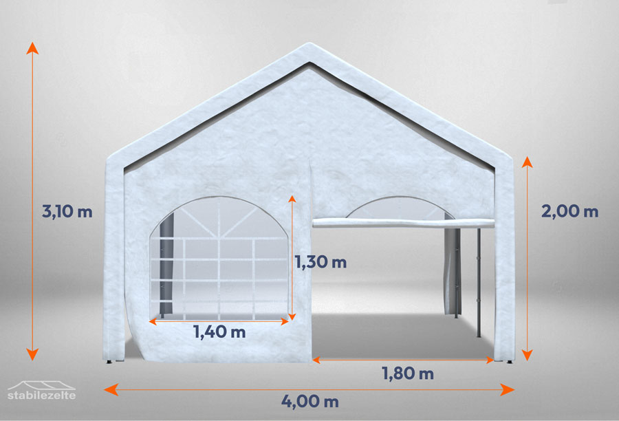 Giebelteil mit Fenster und Tür 4m für Partyzelte der Modular Serie mitsamt Bemaßung