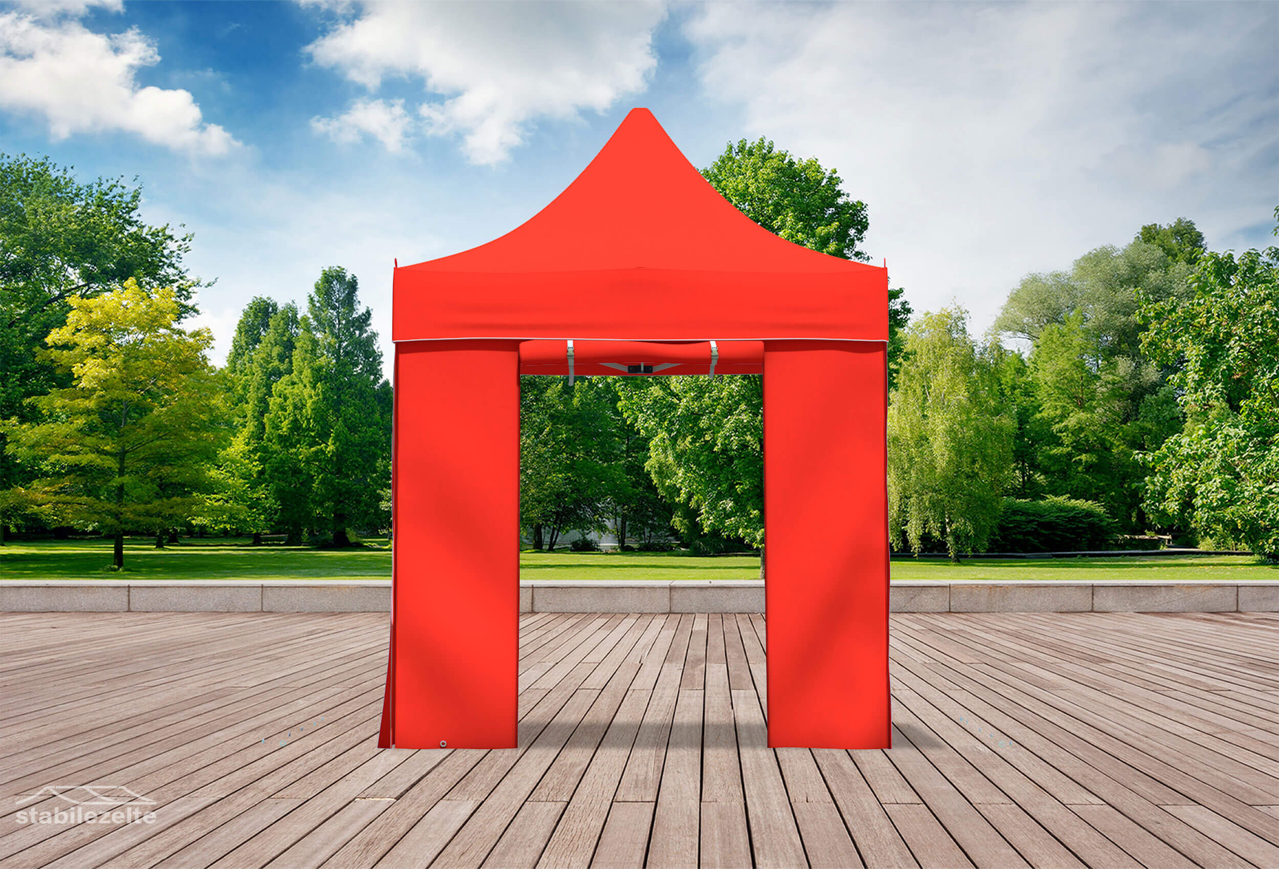 Roter Faltpavillon mit geöffneten Türen 2 x 2m in einem Park