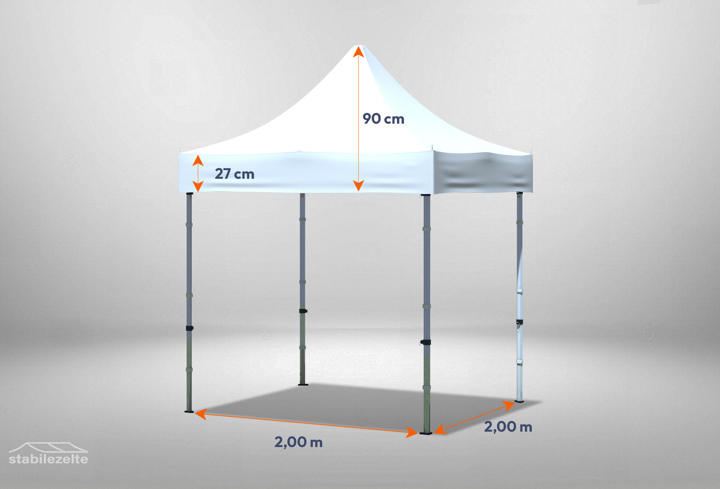 Faltpavillon 2m x 2m ohne Seitenteile mit Bemaßung