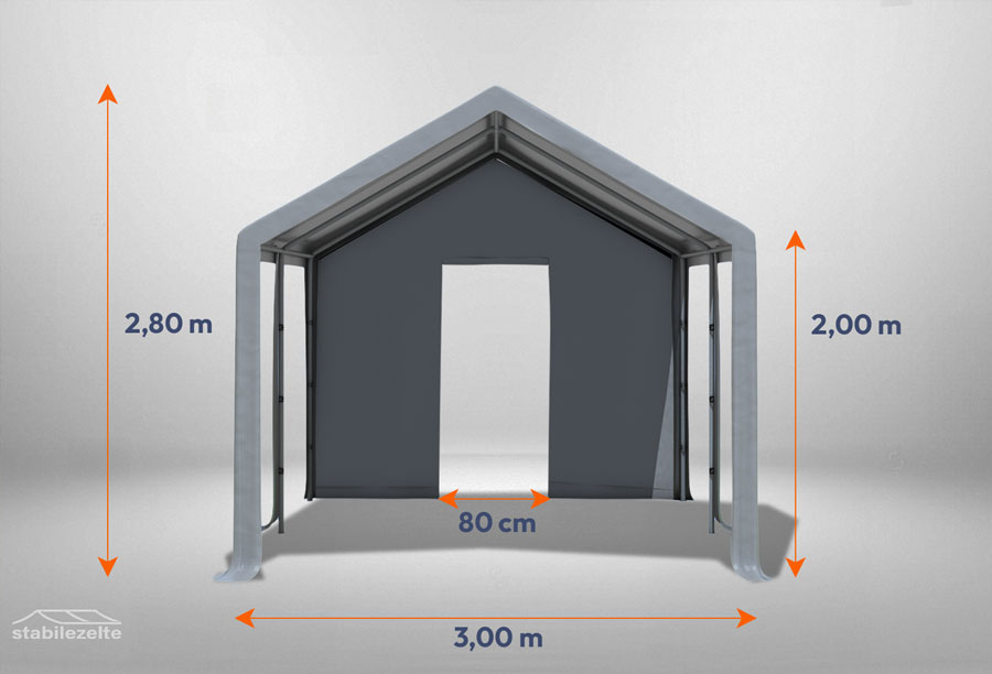 Graues Giebelteil mit kleiner Tür 3m für Partyzelte der Modular Serie mitsamt Bemaßung
