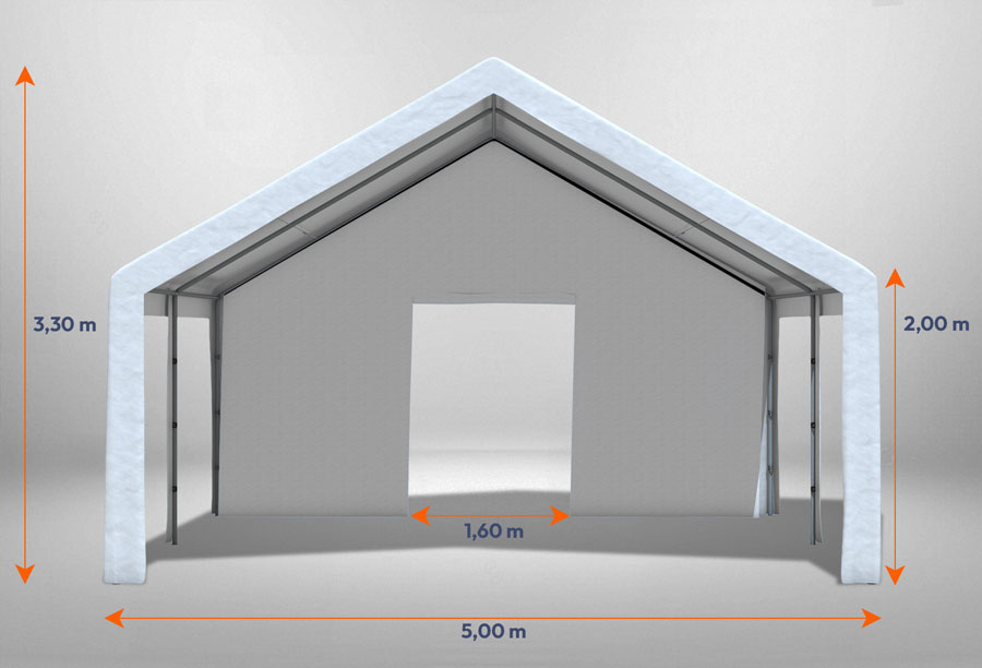 Giebelteil mit kleiner Tür 5m für Partyzelte der Modular Serie mitsamt Bemaßung