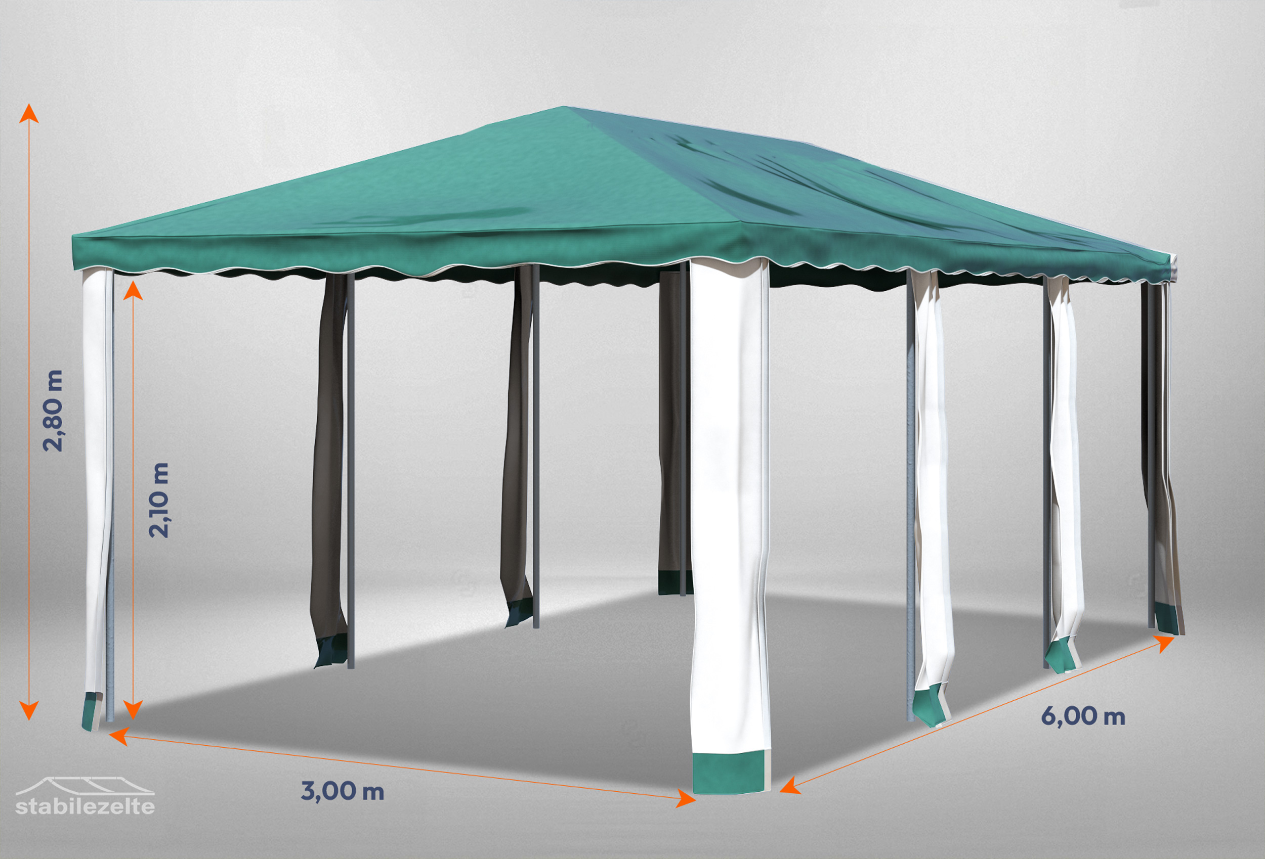 Grüner Gartenpavillon Deluxe 3m x 6m mit Bemaßung