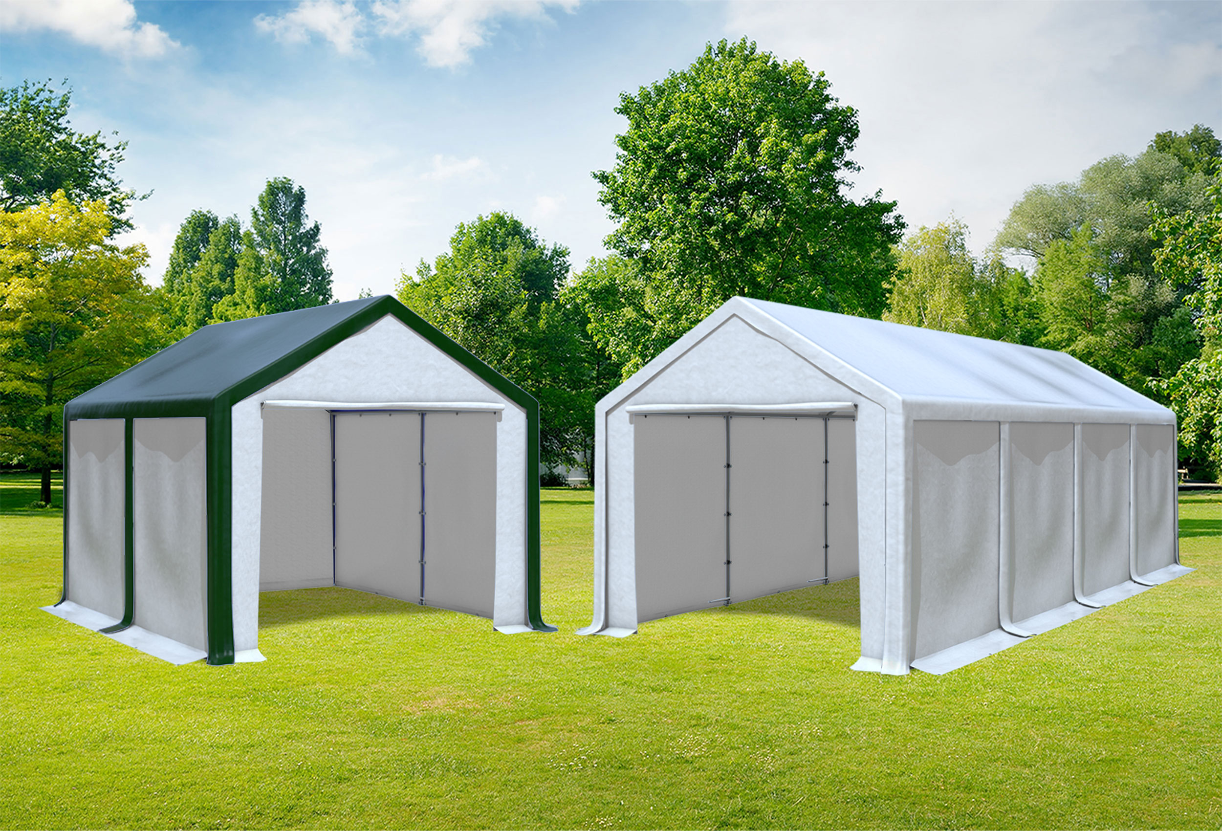 3x8 m 2in1 Kombizelt mit extra 3x4 m Dach, PVC weiß grün