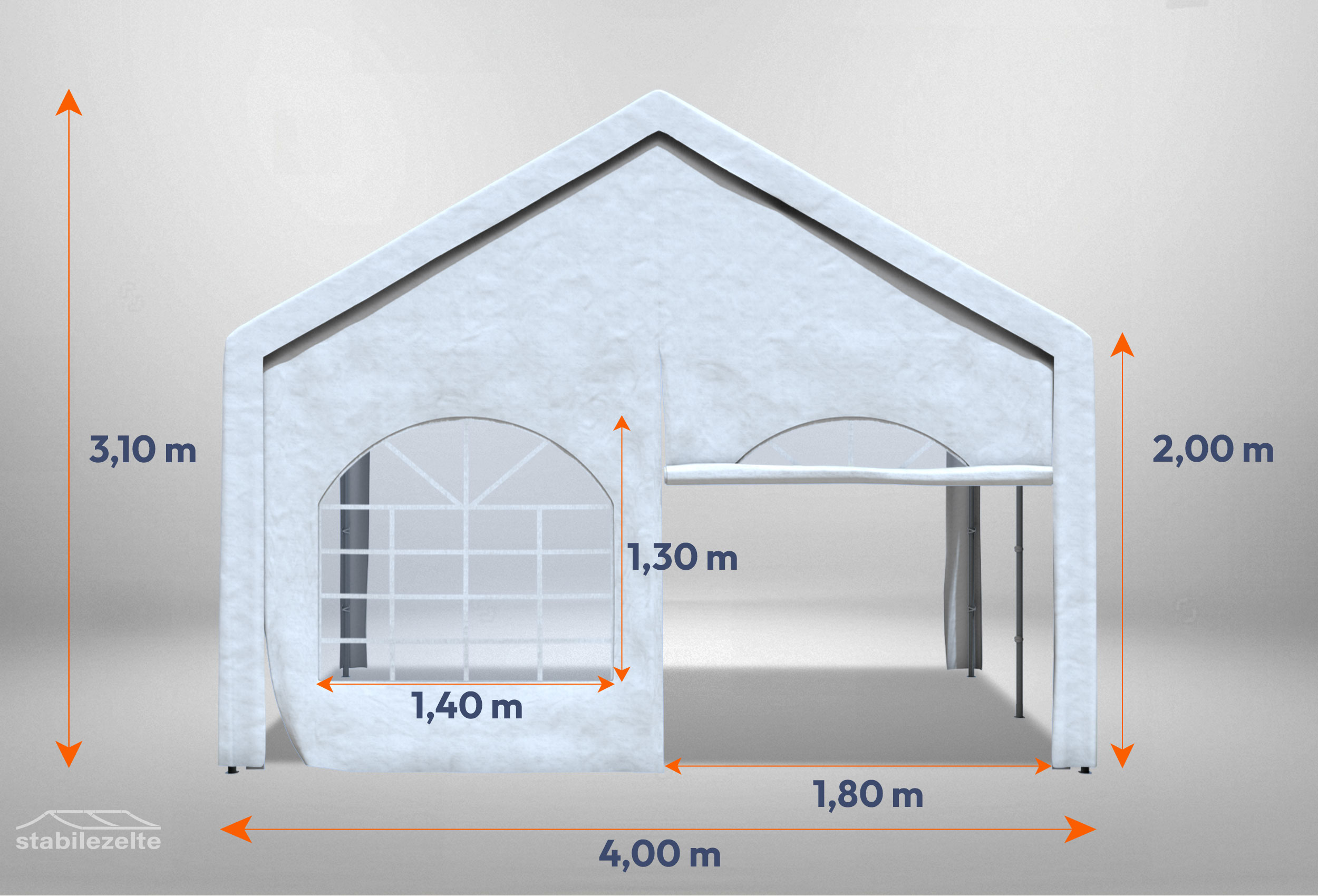 Giebelteil mit Fenster und Tür 4m für Partyzelte der Modular Serie mitsamt Bemaßung