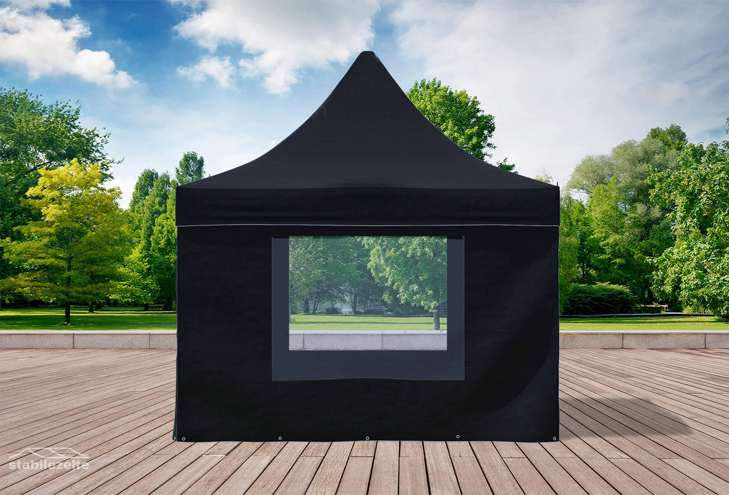 Schwarzer Faltpavillon mit Fenster 3 x 3m in einem Park