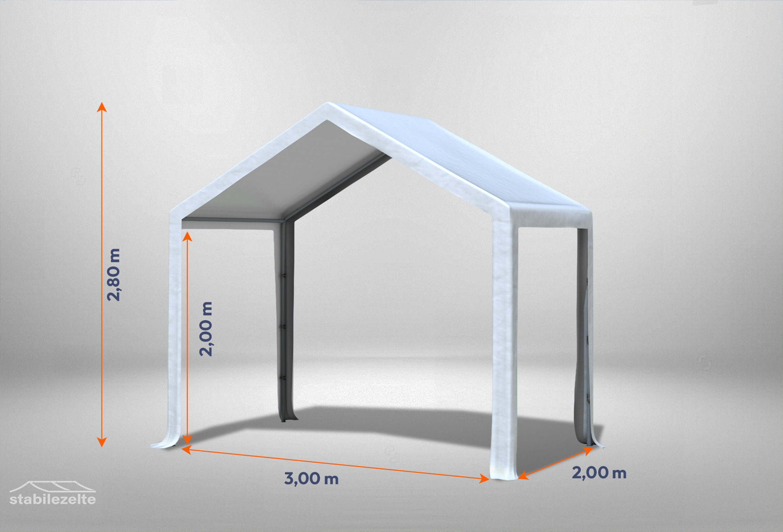 Weißes Partyzelt ohne Seitenteile der Modular Serie mitsamt Bemaßung 3 x 2m