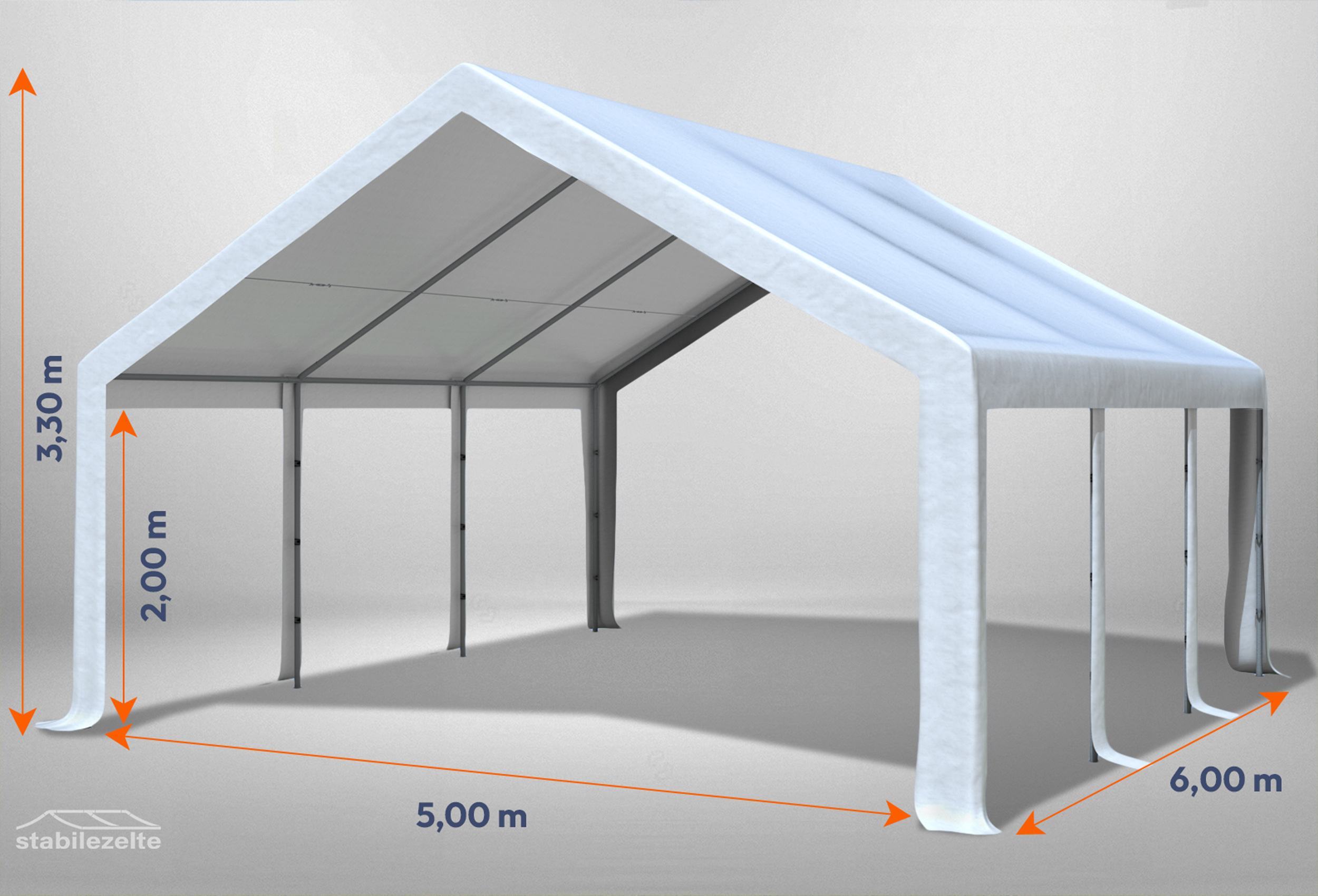 Weißes Partyzelt ohne Seitenteile der Modular Serie mitsamt Bemaßung 5 x 6m