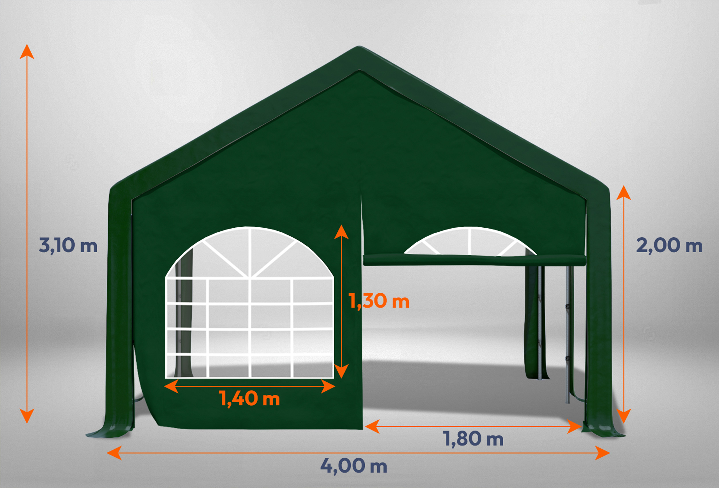 Grünes Giebelteil mit Fenster und Tür 4m für Partyzelte der Modular Serie mitsamt Bemaßung