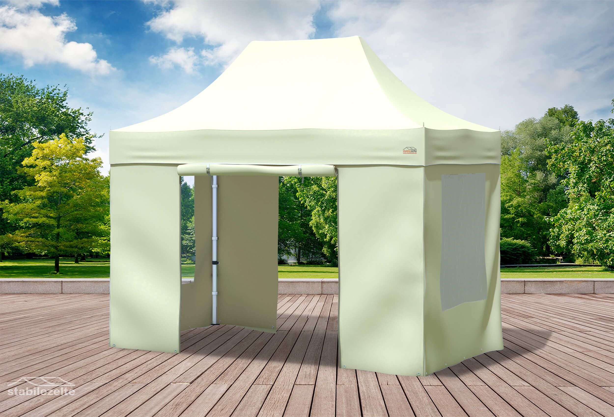 Beiger Faltpavillon mit Fenster und Türen 3 x 2m in einem Park