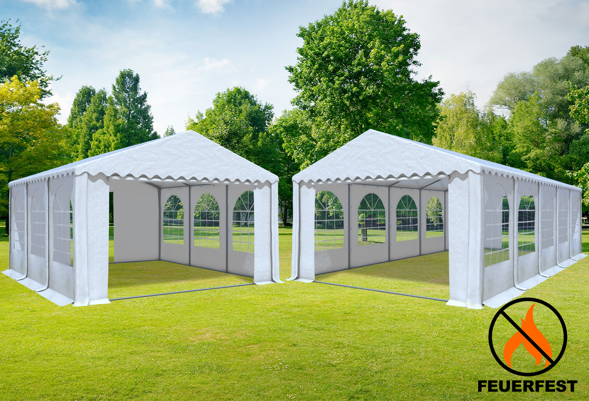 5x10 m 2in1 Kombizelt mit extra 5x6 m Dach, 2,6m Seitenhöhe PVC feuersicher weiß