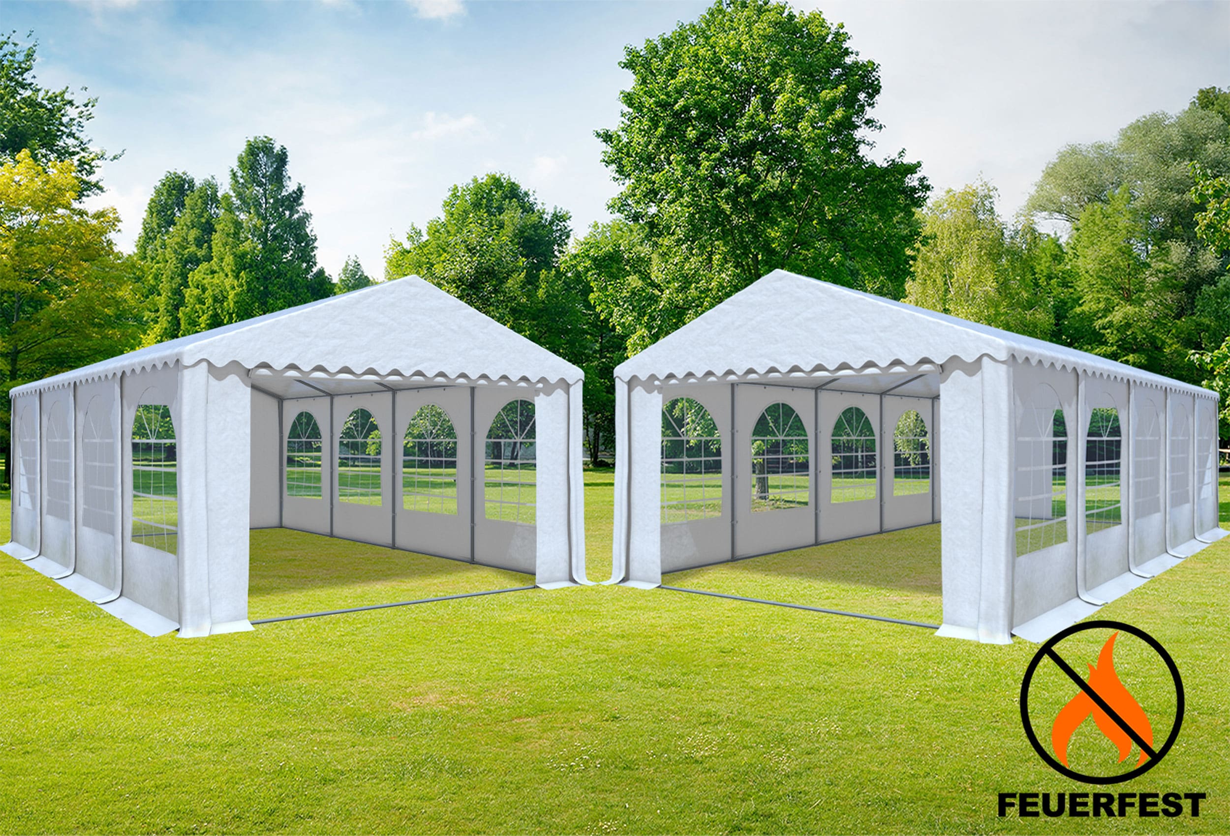 5x10 m 2in1 Kombizelt mit extra 5x8 m Dach, 2,6m Seitenhöhe PVC feuersicher weiß