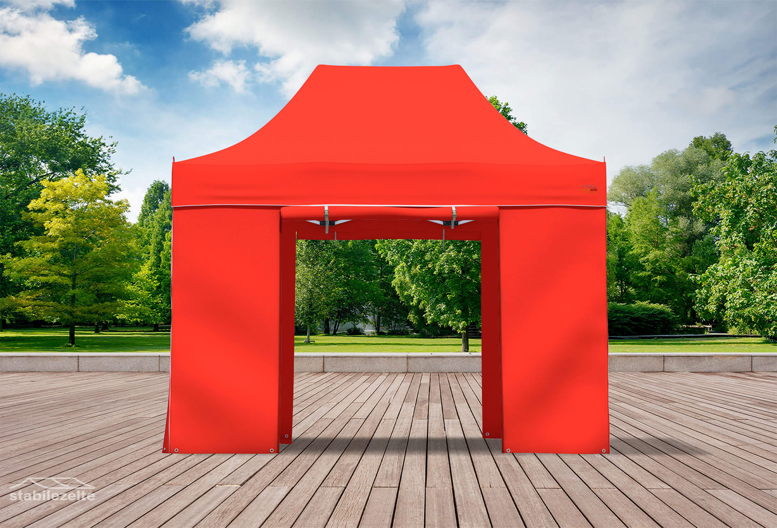 Roter Faltpavillon mit geöffneten Türen 3 x 2m in einem Park