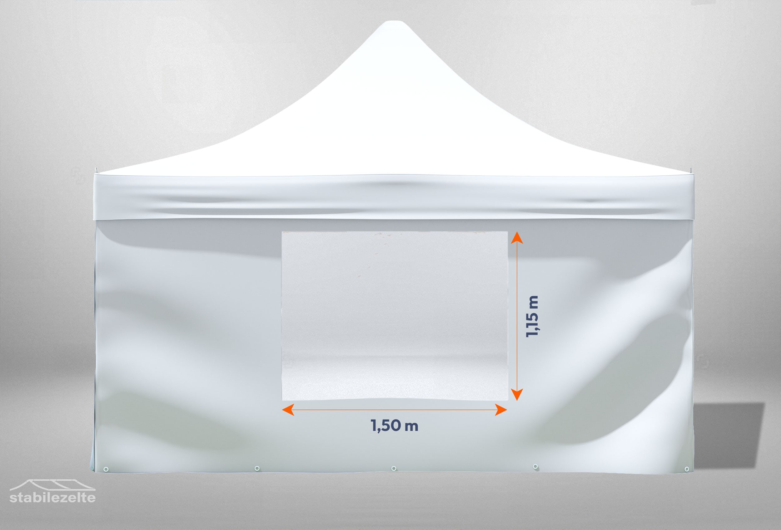 Weißes Faltzelt 4x4 m mit den Maßen des Fensters