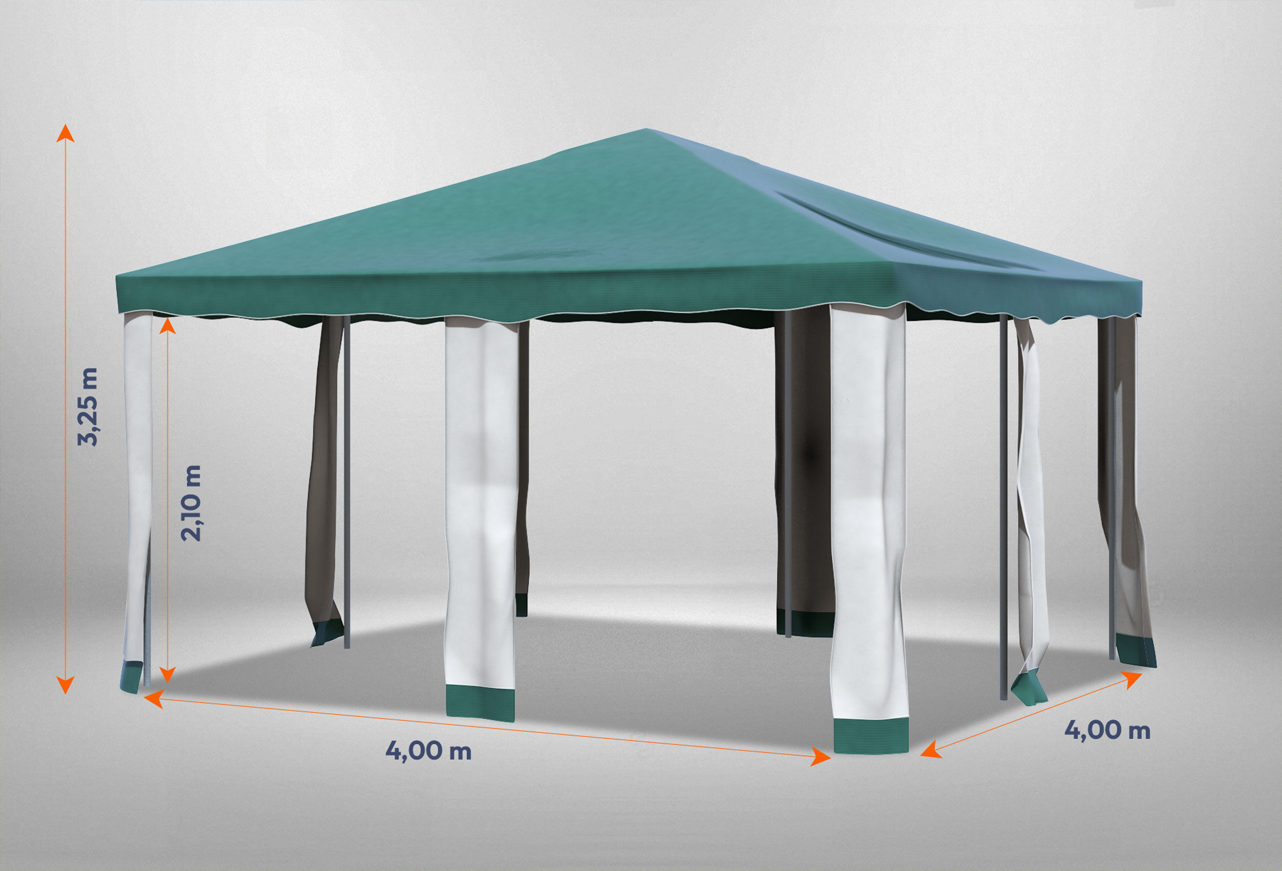 Grüner Gartenpavillon Deluxe 4m x 4m mit Bemaßung