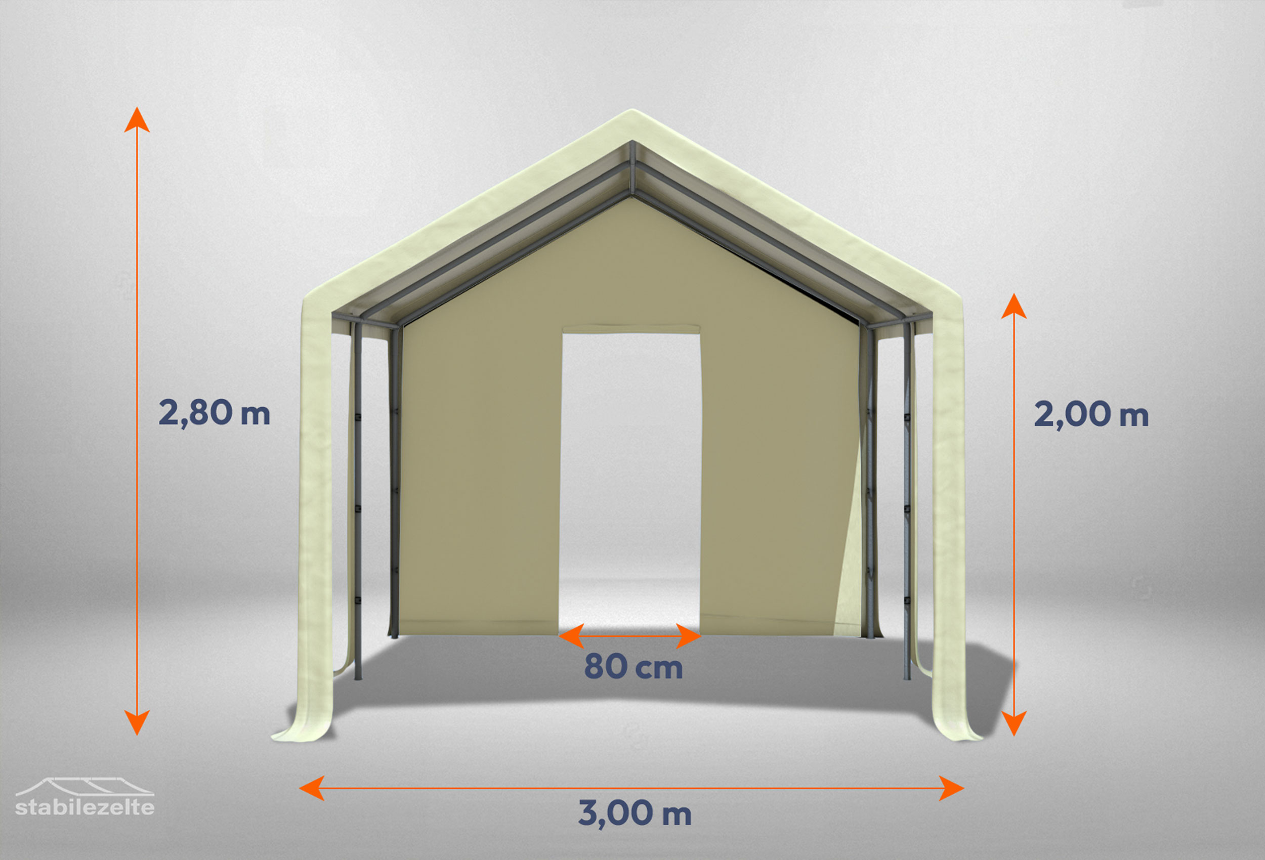 Beiges Giebelteil mit kleiner Tür 3m für Partyzelte der Modular Serie mitsamt Bemaßung