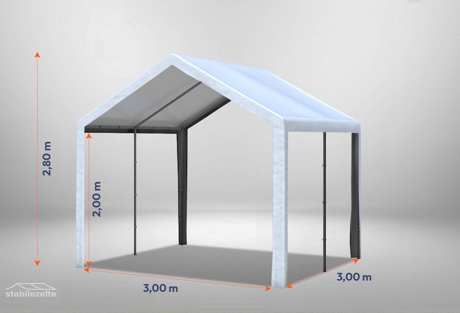 Weißes Partyzelt der Serie Classic 3m x 3m ohne Seitenteile mit Bemaßung