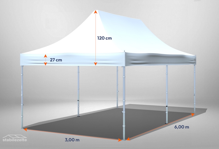 Faltpavillon 3m x 6m ohne Seitenteile mit Bemaßung