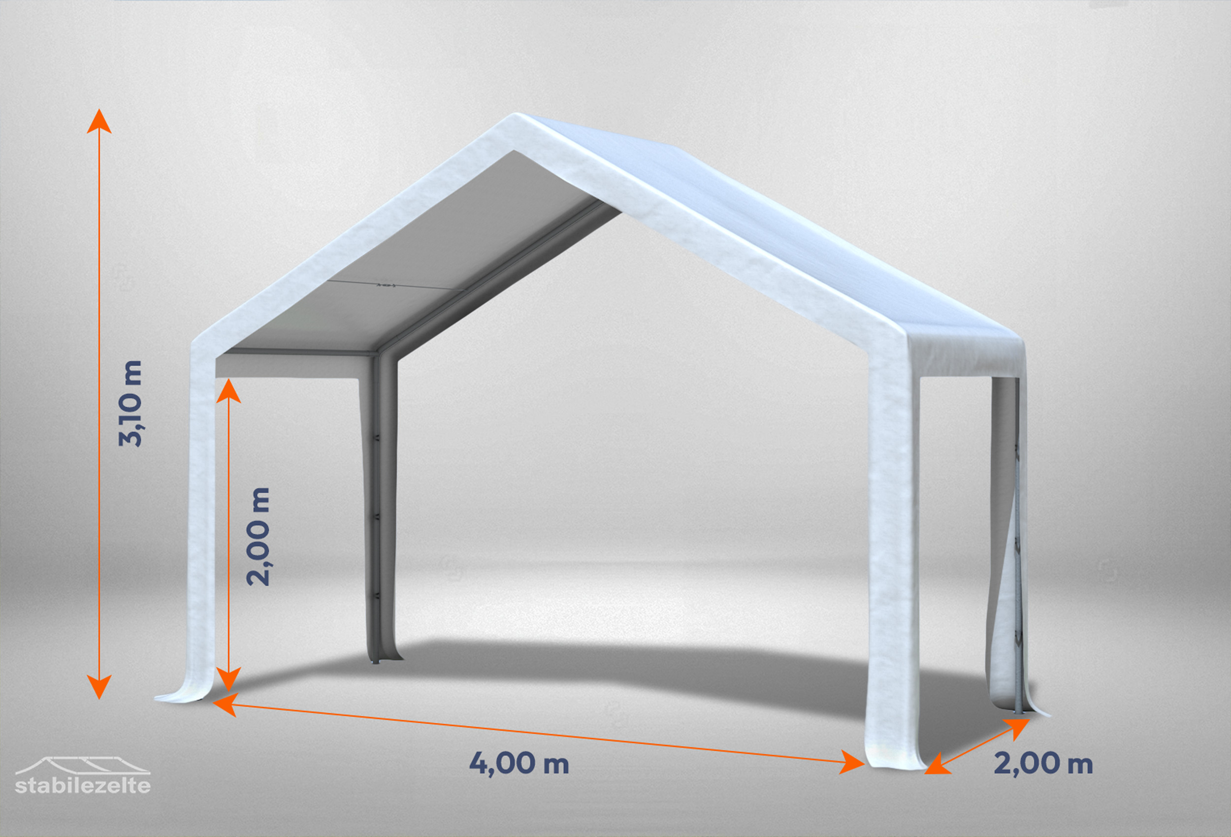 Weißes Partyzelt ohne Seitenteile der Modular Serie mitsamt Bemaßung 4 x 2m