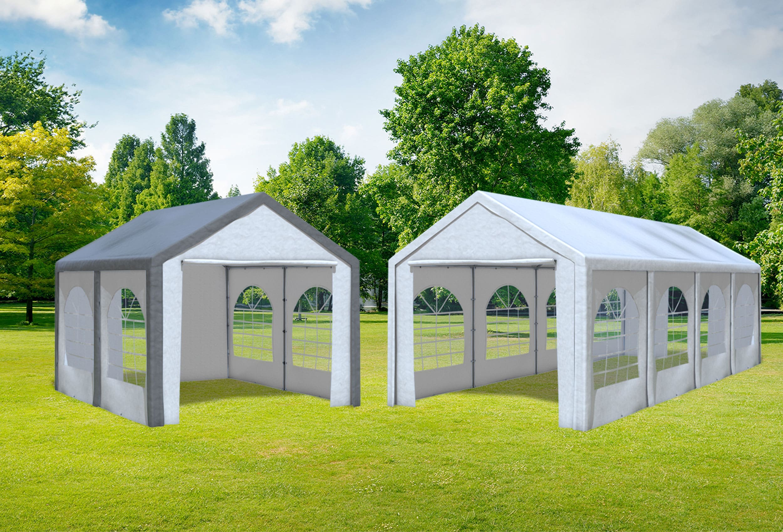 3x8 m 2in1 Kombizelt mit extra 3x4 m Dach, PE weiß grau