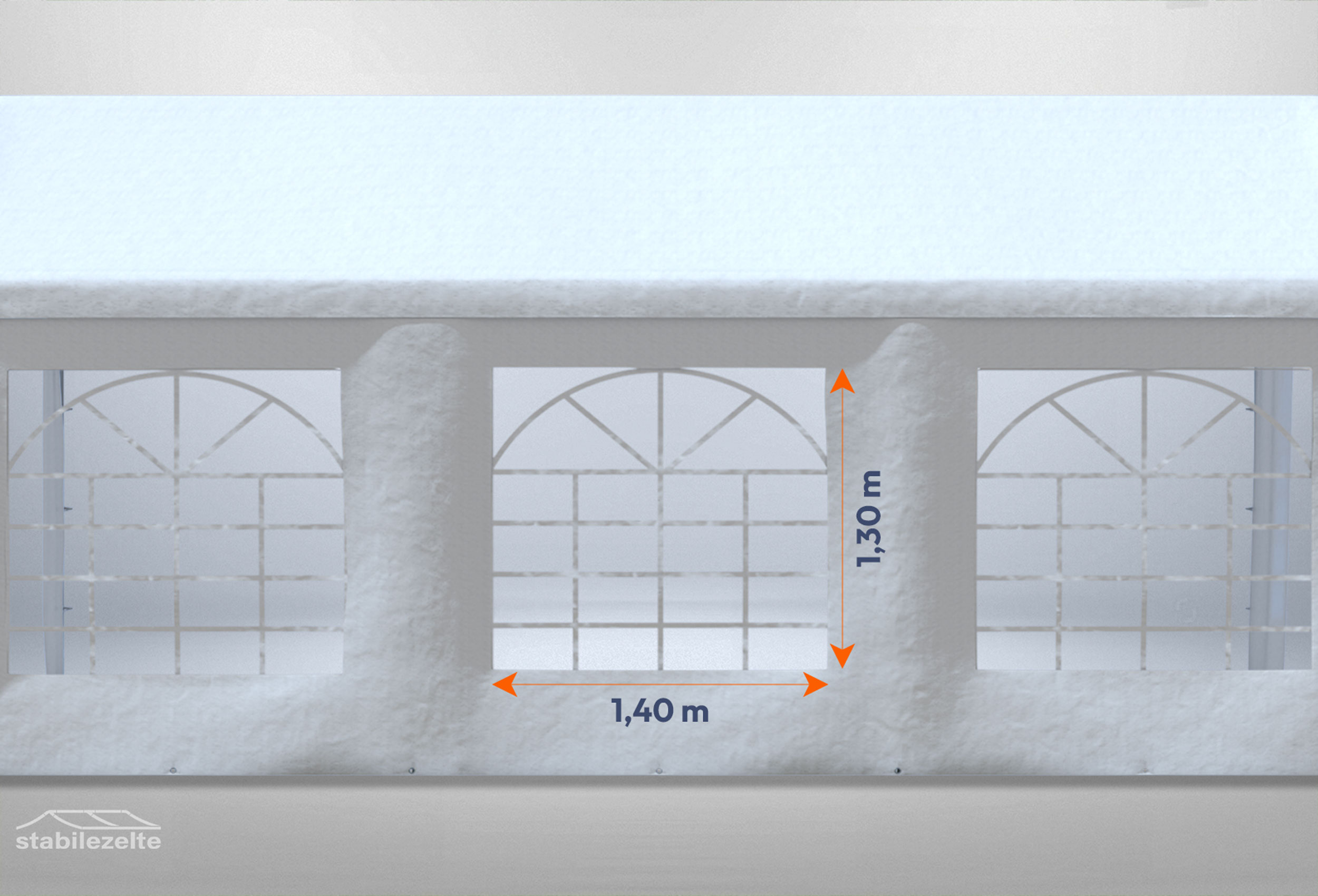 Weißes Partyzelt der Modular Serie mit Bemaßung des Fensters