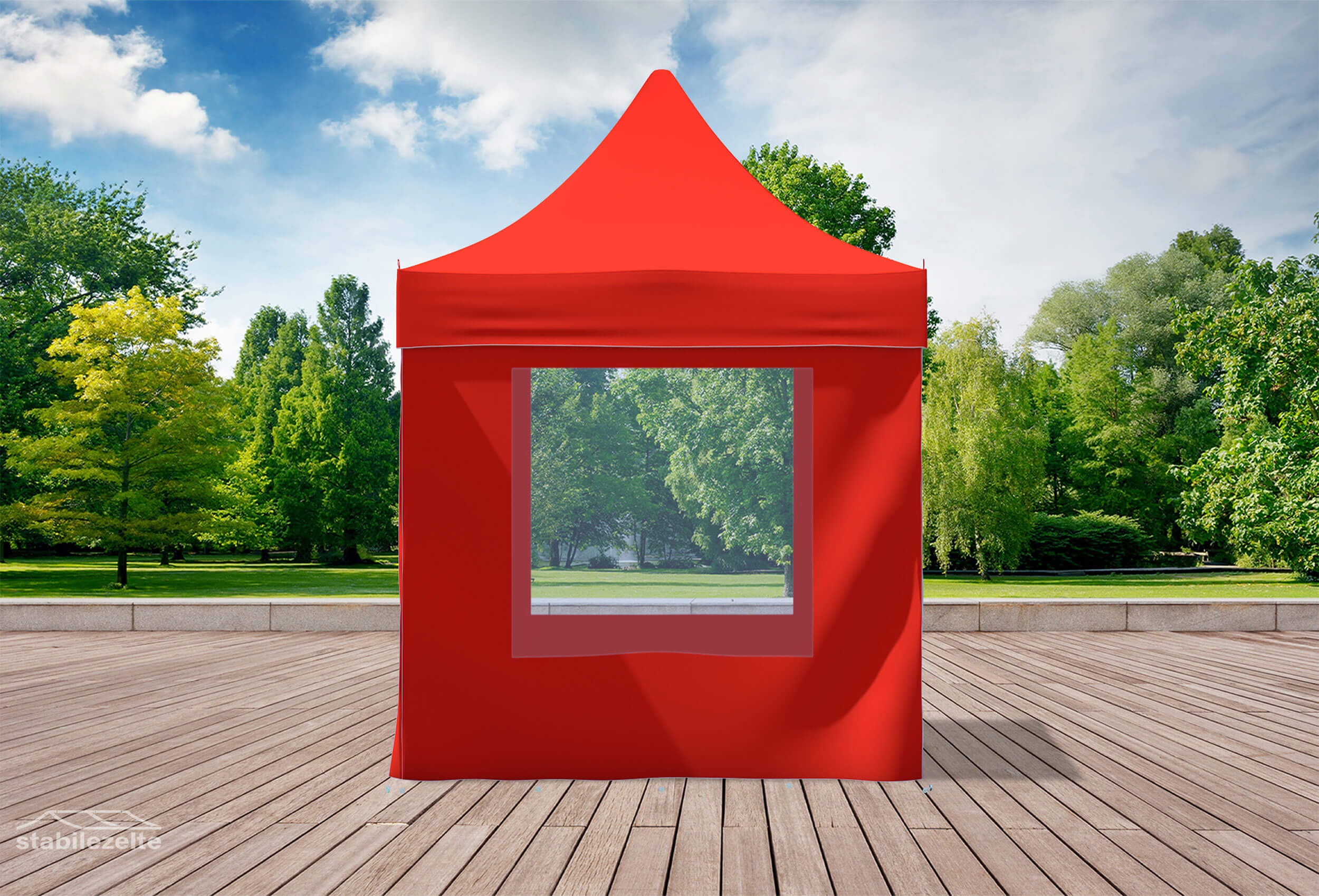 Roter Faltpavillon mit Fenstern 2 x 2m in einem Park