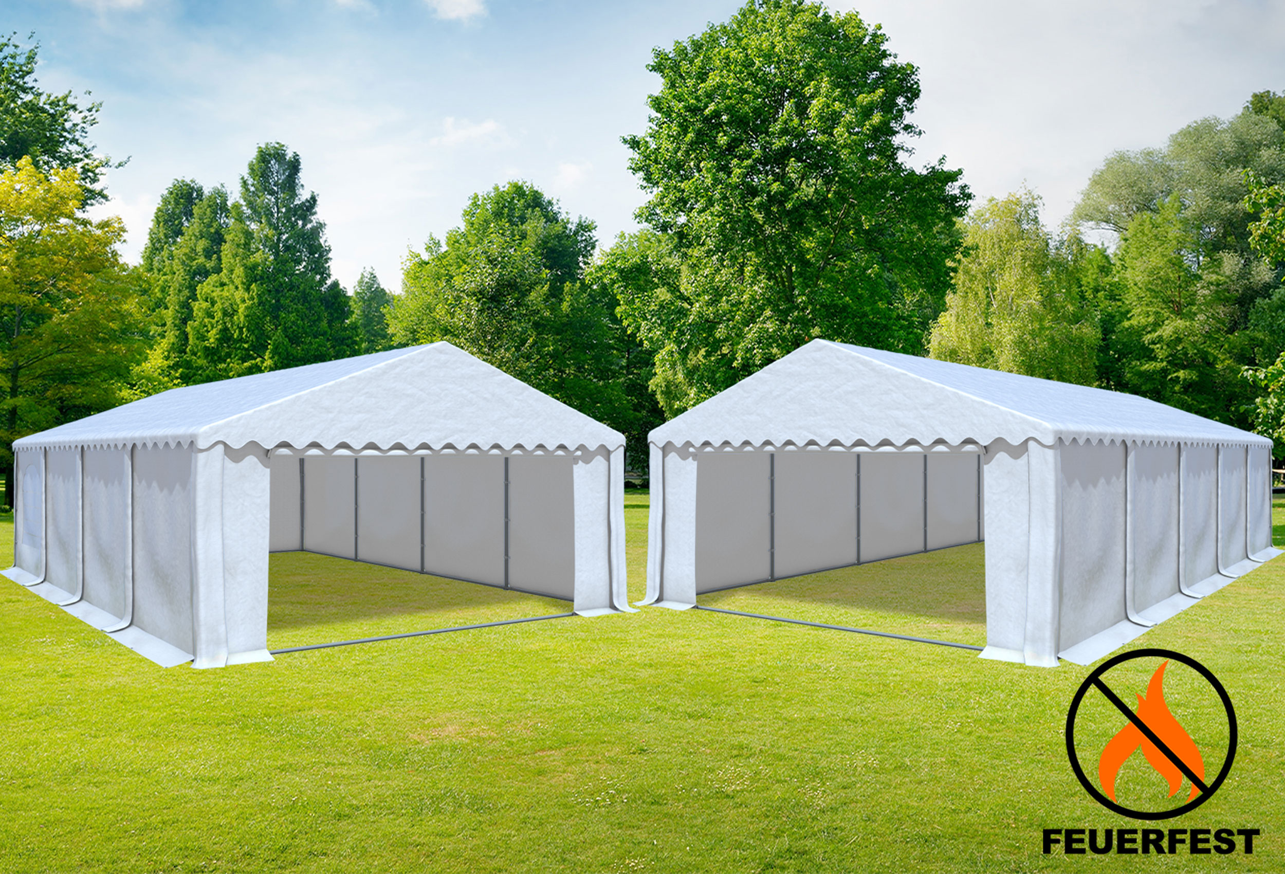 5x10 m 2in1 Kombizelt mit extra 5x8 m Dach, PVC feuersicher weiß